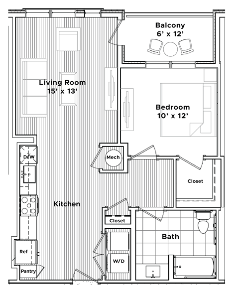 Floor plan for 1 bed, 1 bath, 792 sqft